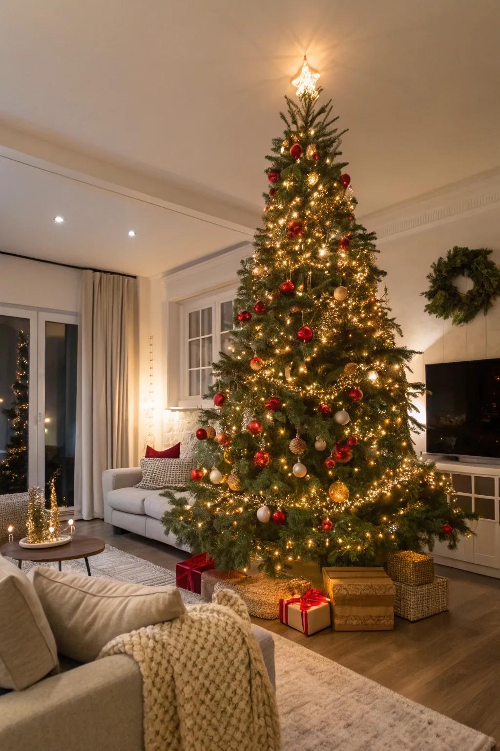 A majestic Christmas tree commands attention in this joyous living area.