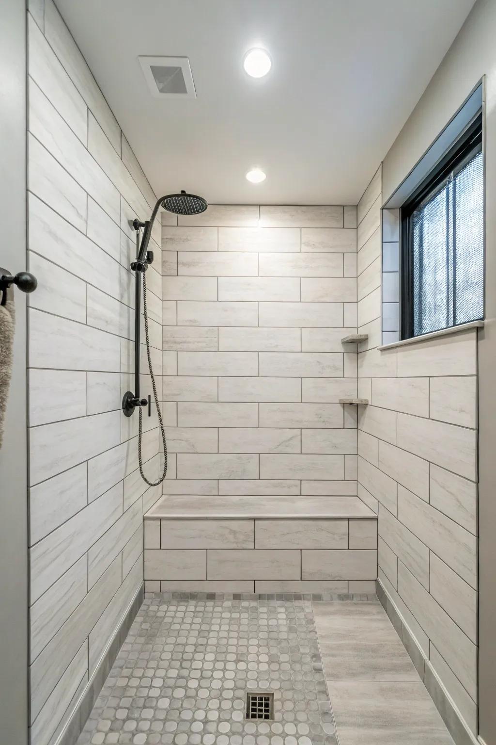 A classic stacked pattern presents a refined and contemporary shower design.