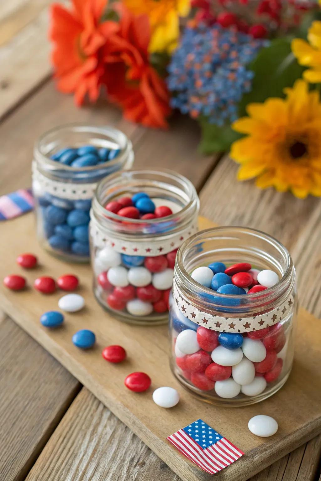 Mini mason jars filled with patriotic candies