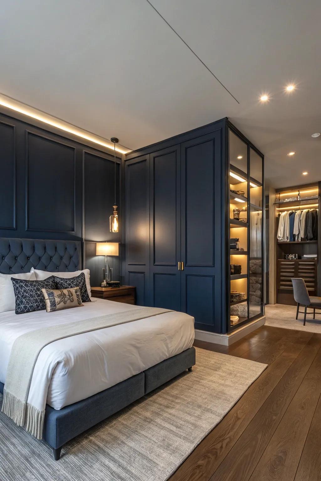 A navy blue accent wall adds depth and sophistication to this cozy bedroom.