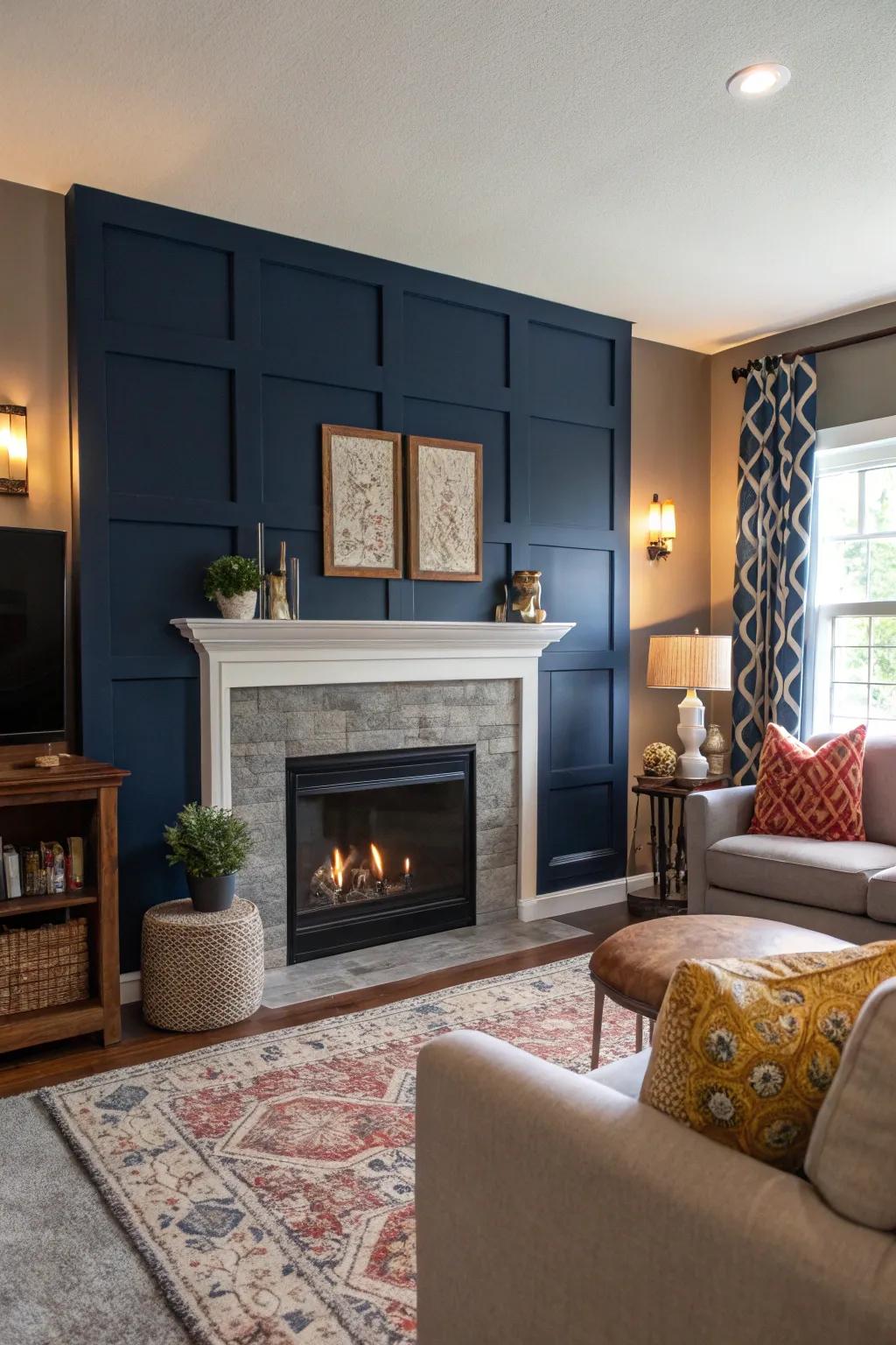 A bold navy accent wall highlights the modern fireplace.