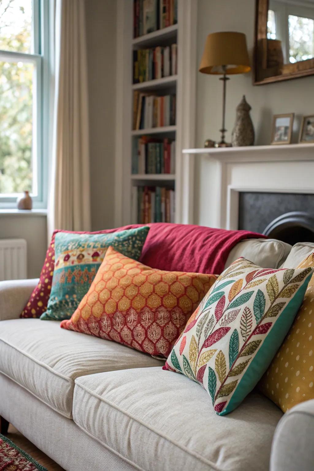 Redesign your settee with a medley of vibrant ornamental pillows.