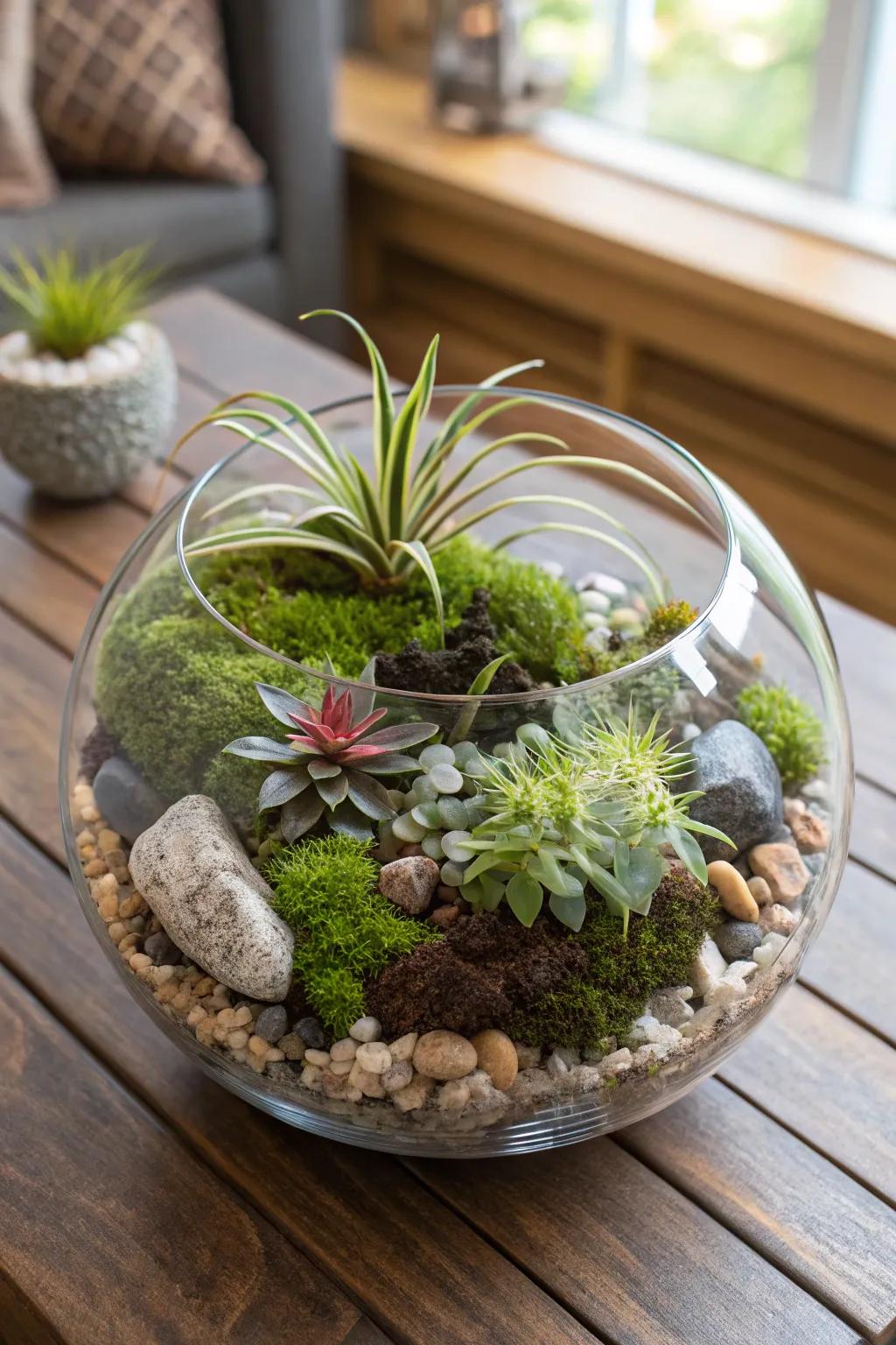 A glass terrarium featuring air plants and various natural components.
