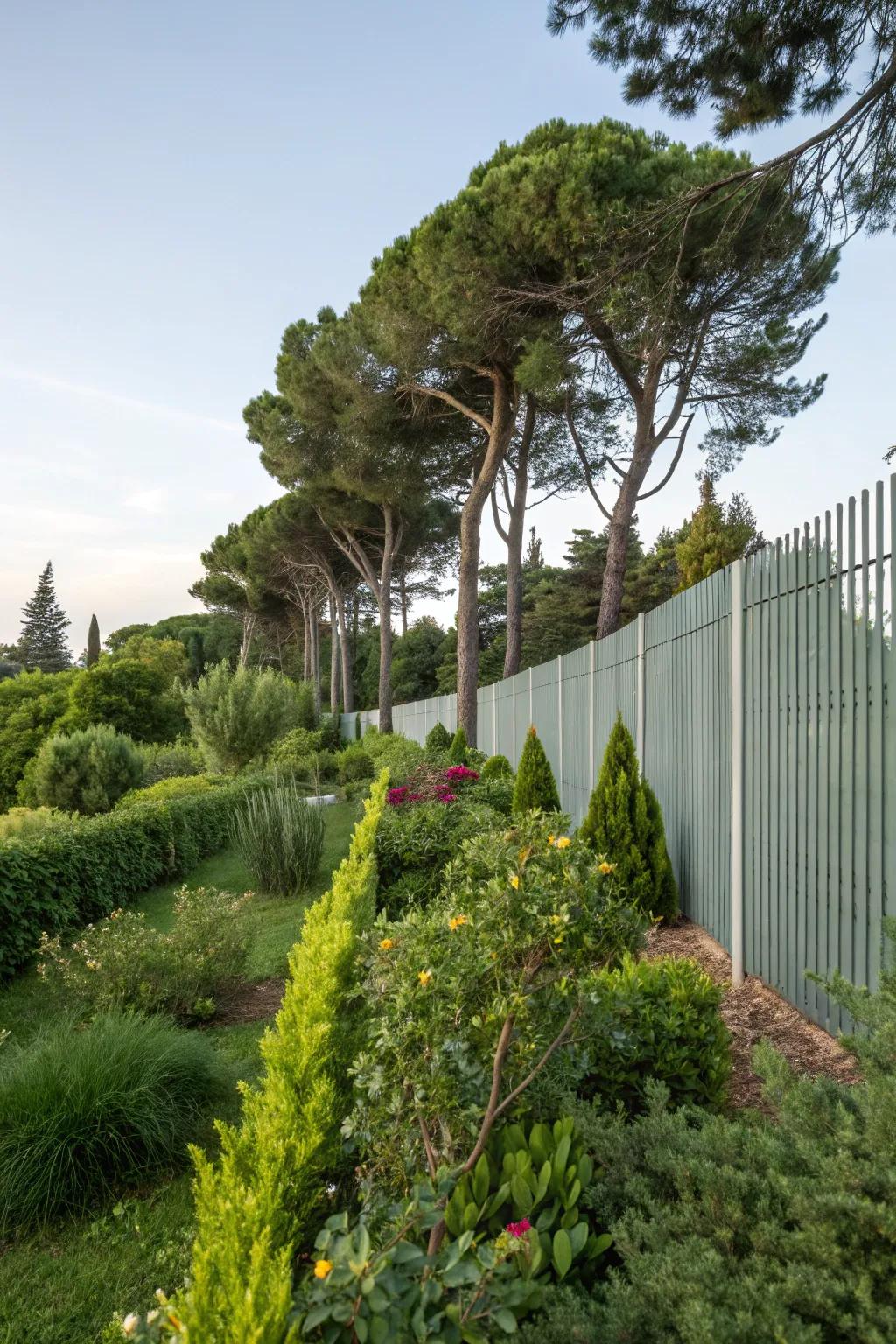 Greenery softens the lines of an aluminum fence.