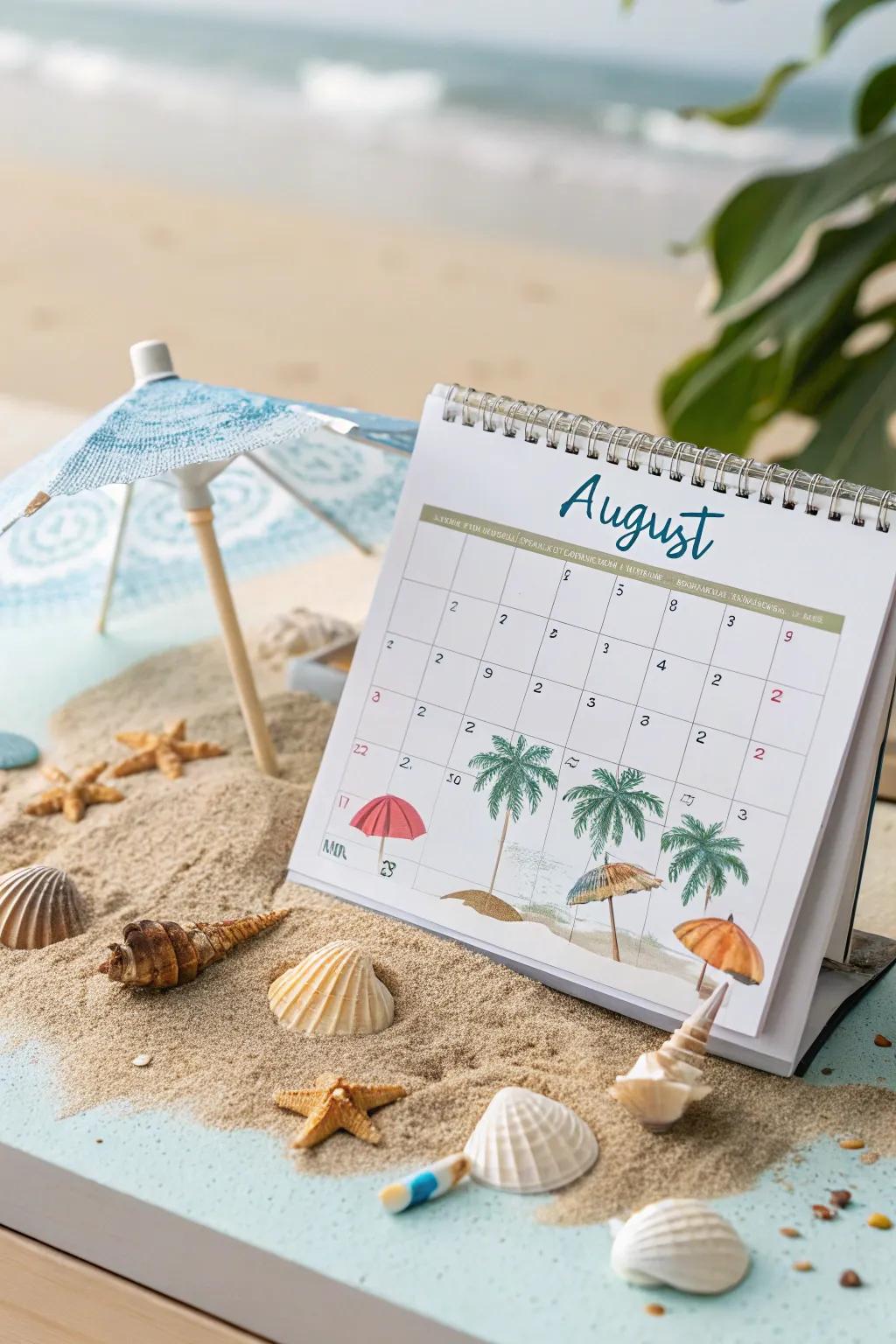 Bring beach vibes to your calendar with seashell and palm tree motifs.