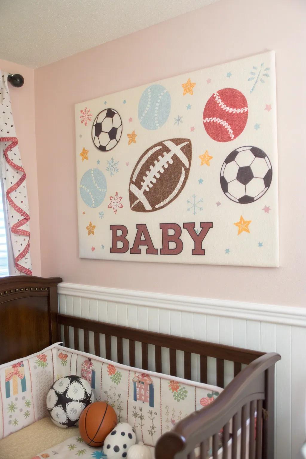 Bespoke sports-themed wall art introduces a personal element to the nursery.