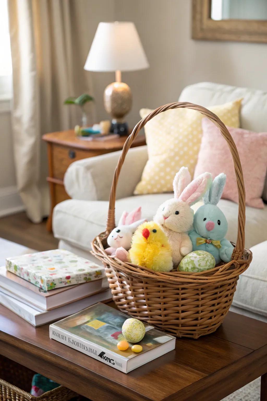 A basket brimming with cuddly stuffed animals, perfect for little ones.