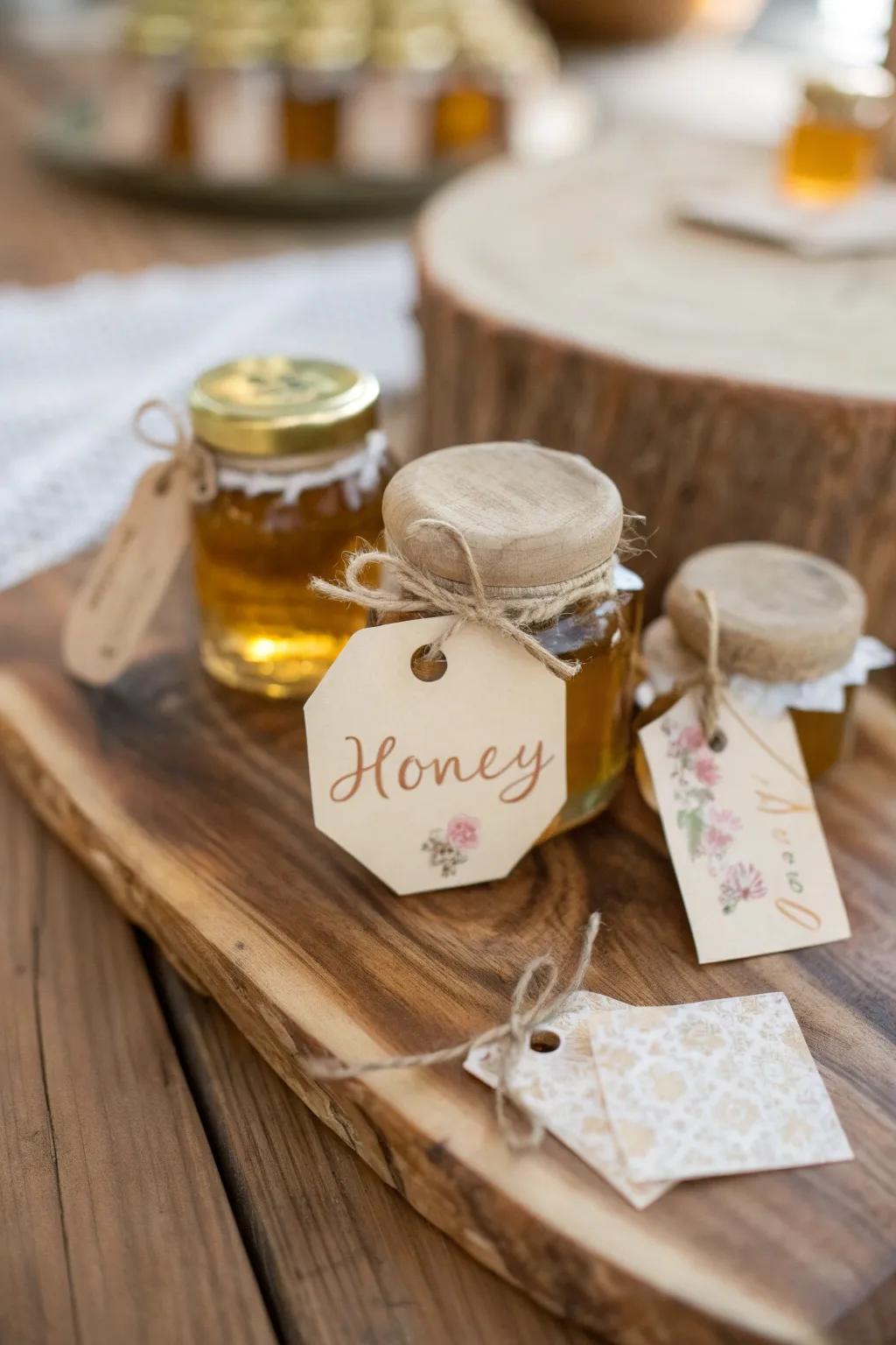 Mini honey jars with a personal touch make sweet favors.