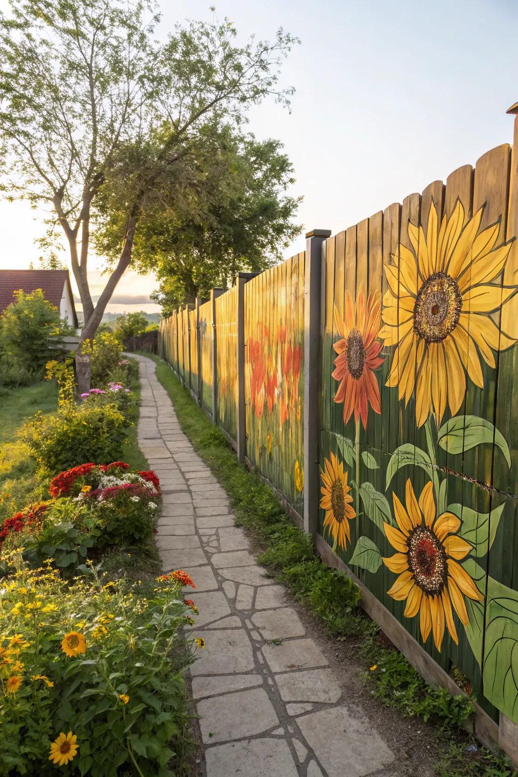 Sunflowers gracing a fence infuse any backyard with a ray of sunshine.