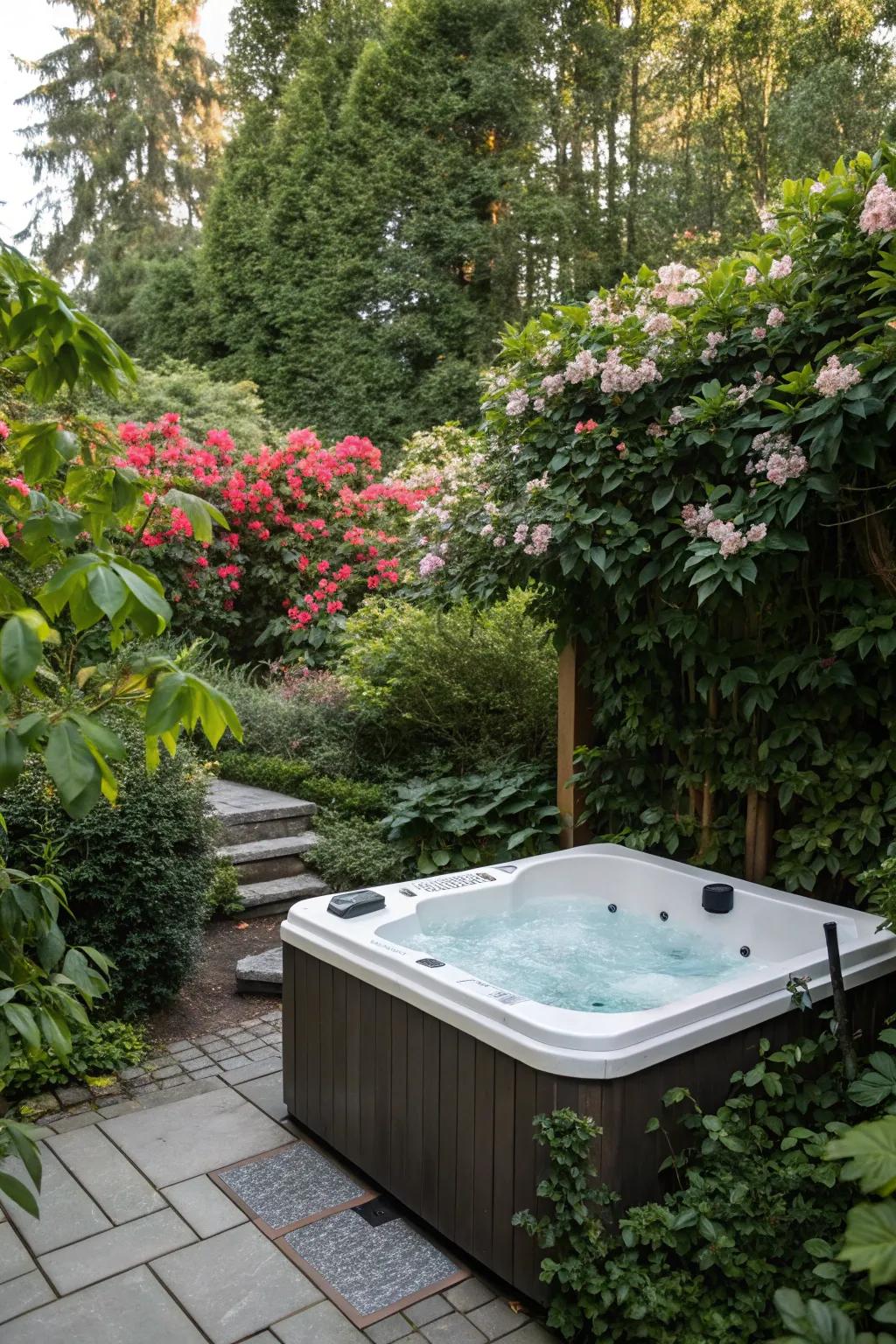 A hot tub amidst lush plants creates a natural escape.