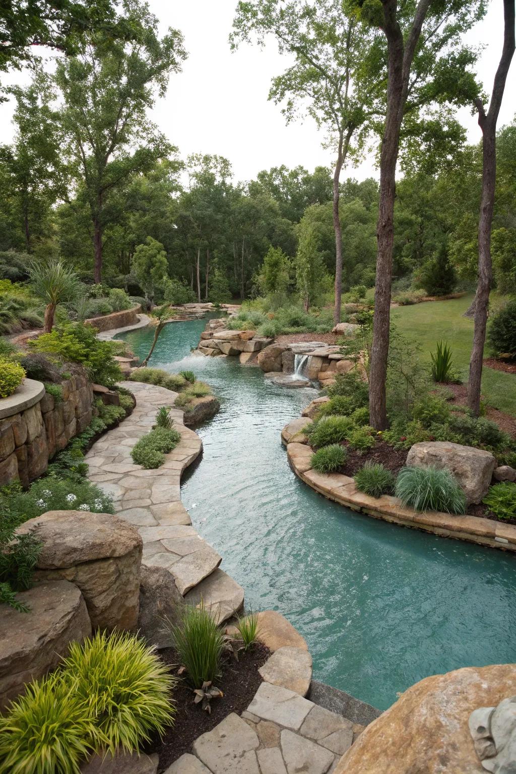 A lazy river pool seamlessly integrated with natural landscaping.