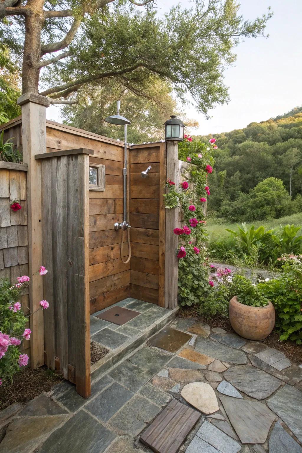 A rustic outdoor shower with reclaimed wood walls and a stone floor.