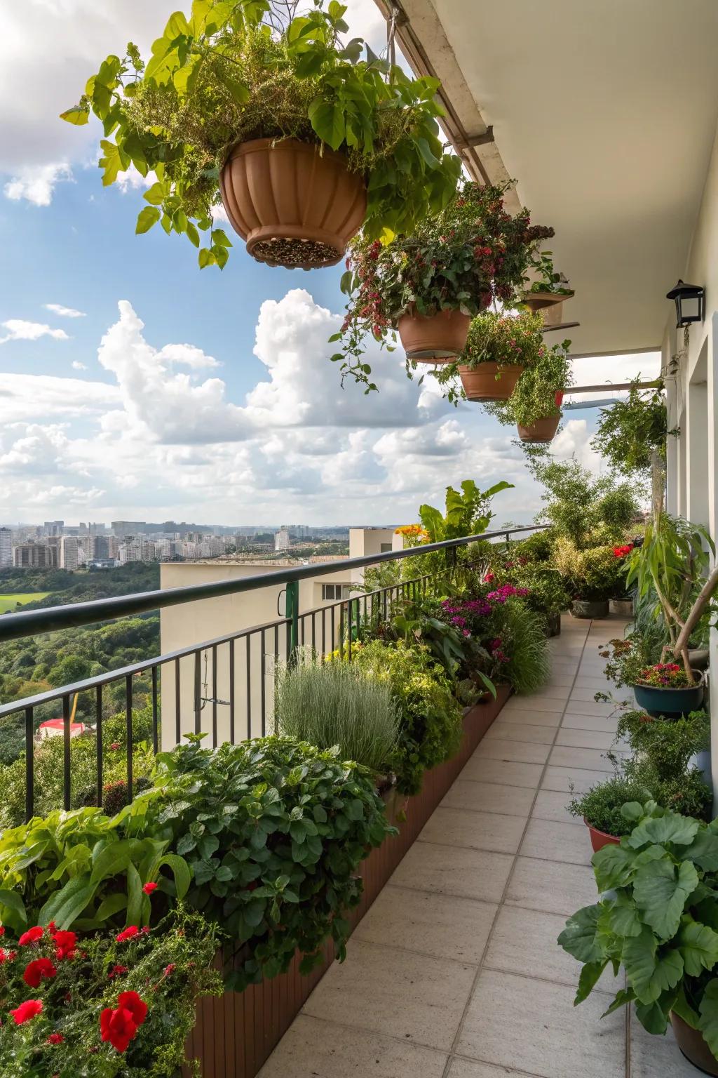 Turn your balcony into a green oasis with an array of potted and hanging plants.