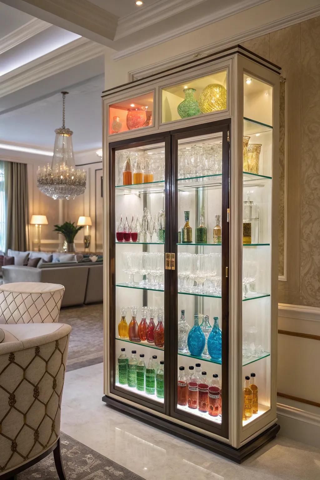 A stunning arrangement of drinkware showcased in an elegant bar cabinet.