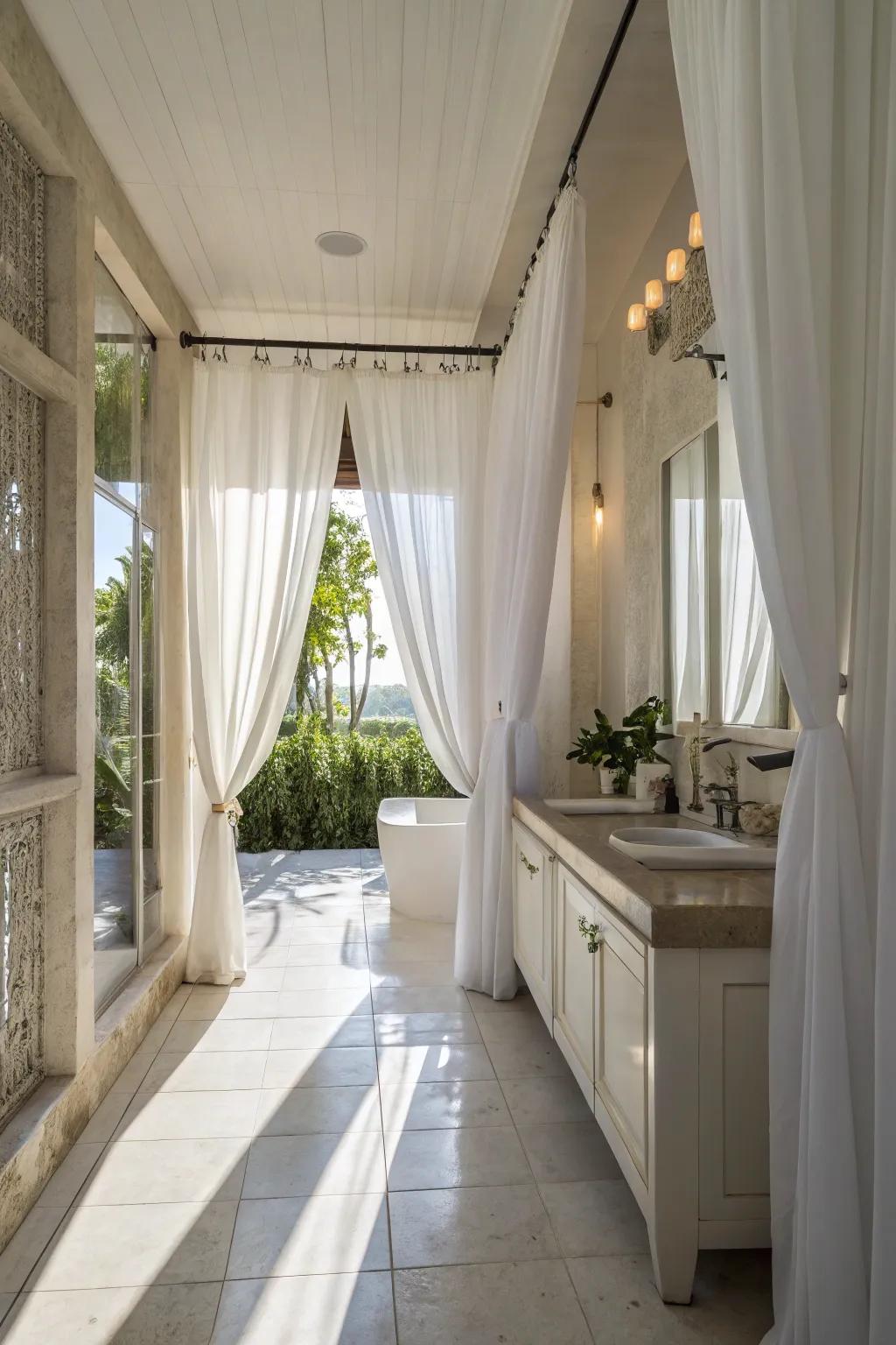 Classic white curtains offer a timeless elegance in any bathroom setting.