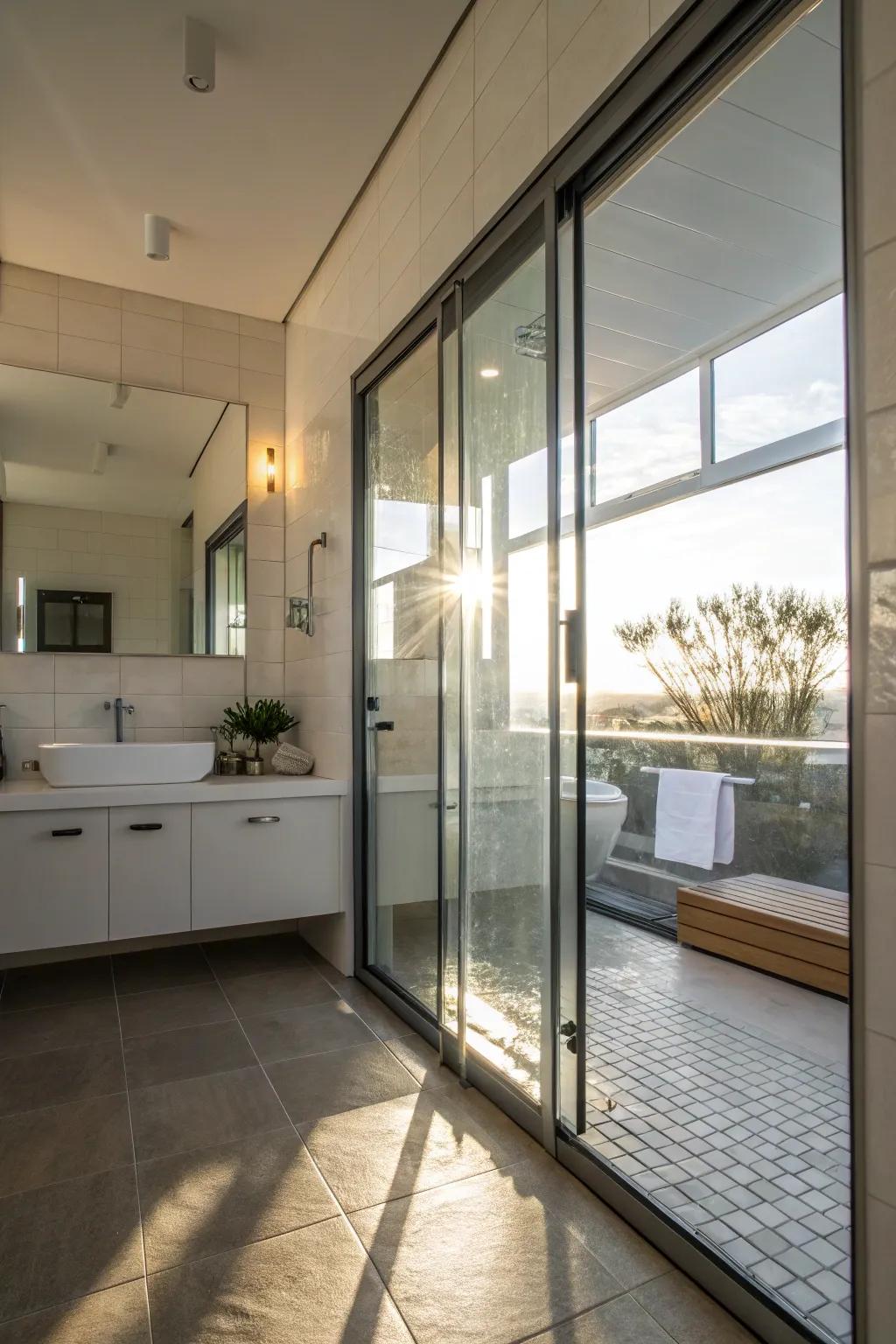 Glass doors amplify light and space in a modern bathroom.