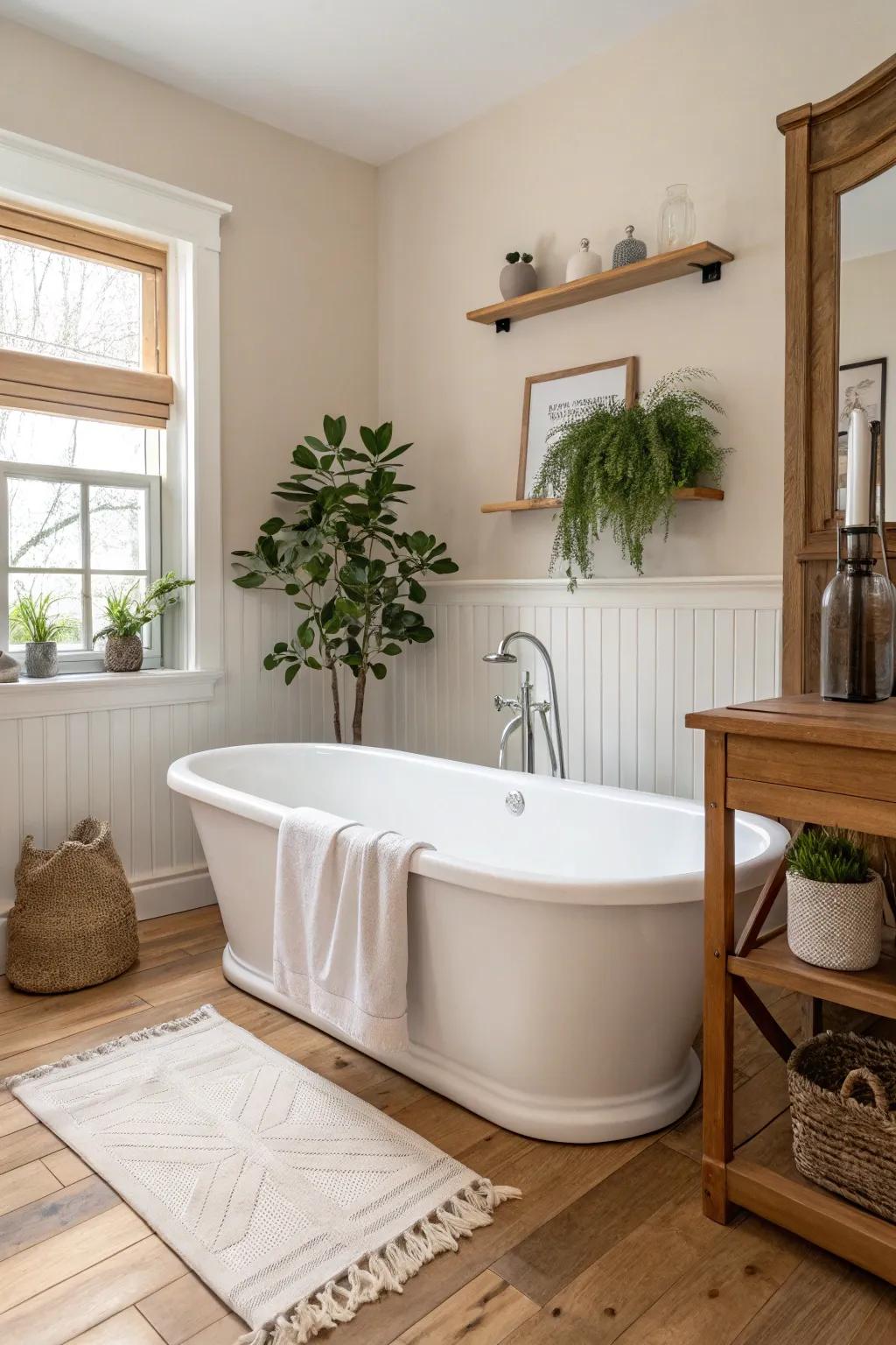 A classic white freestanding tub set in a serene, neutral-toned bathroom.