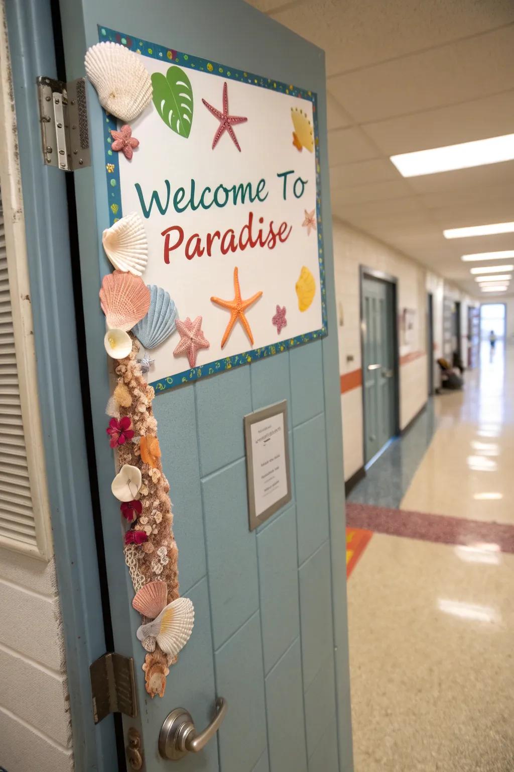 Classroom door welcoming students with a 'Welcome to Paradise' sign and beach elements.