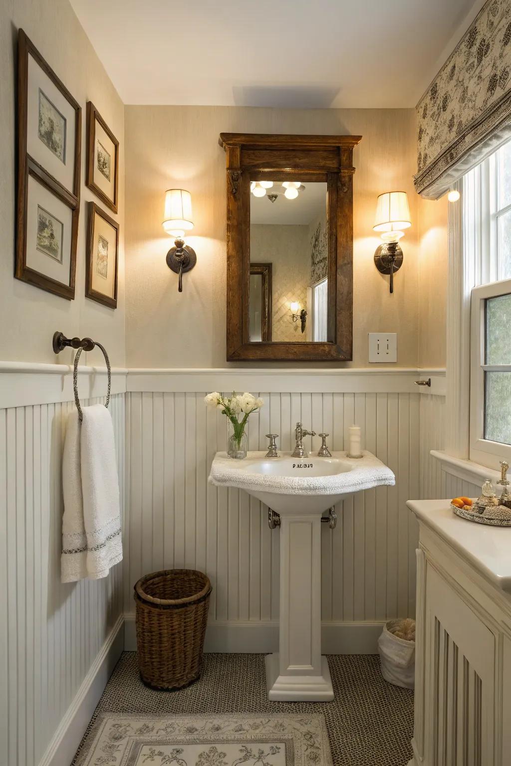 A charming bathroom with beadboard half-walls and a vintage mirror.