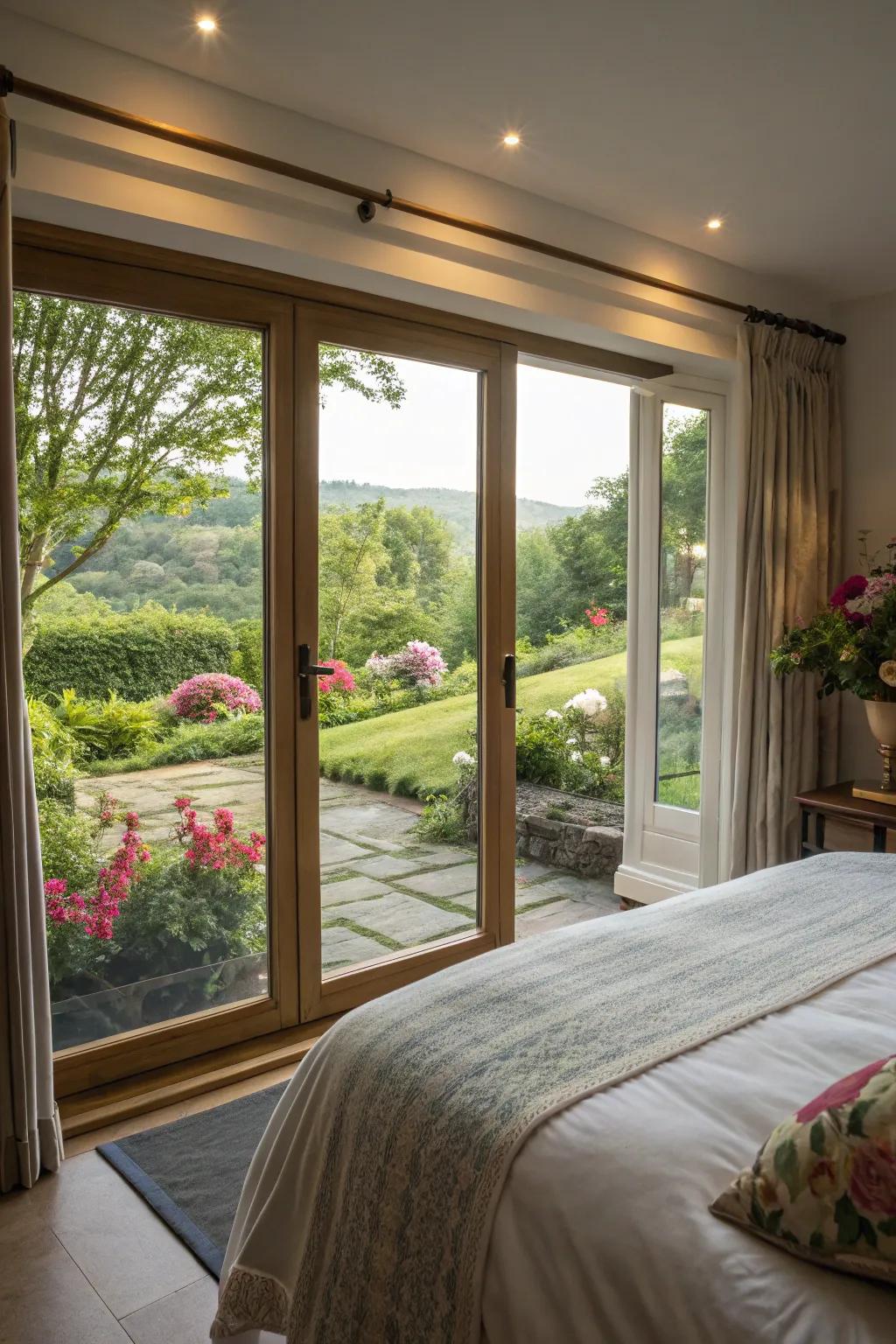 Floor-to-ceiling glass doors offer an unobstructed view of the scenic garden.