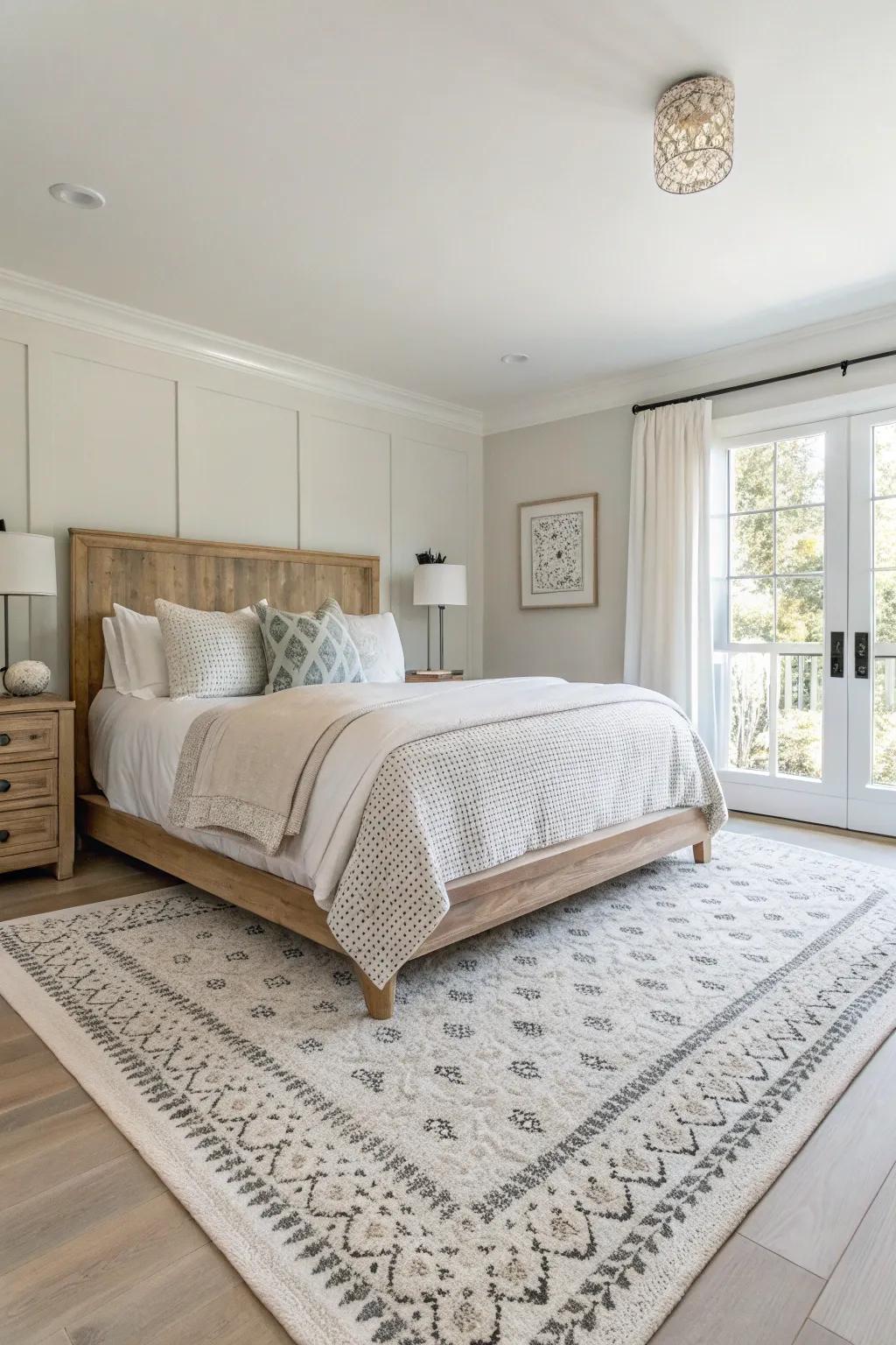 A spacious floor covering grounds the bedroom and introduces warmth.