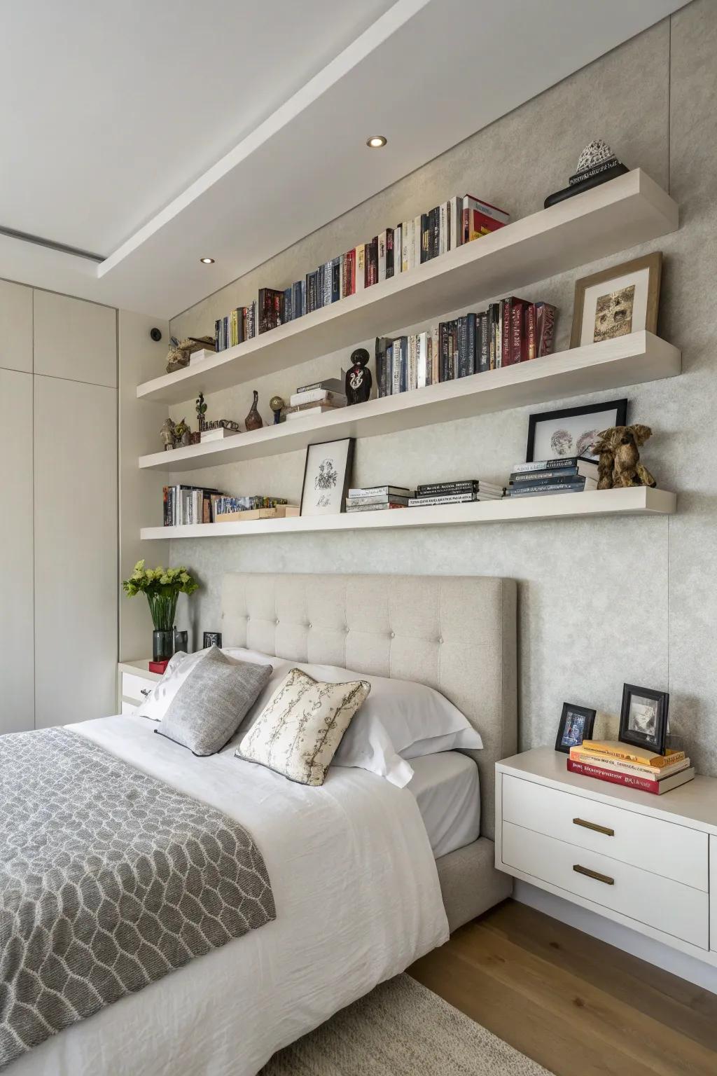 Floating shelves offer a clean, bracket-free aesthetic for your bedroom.