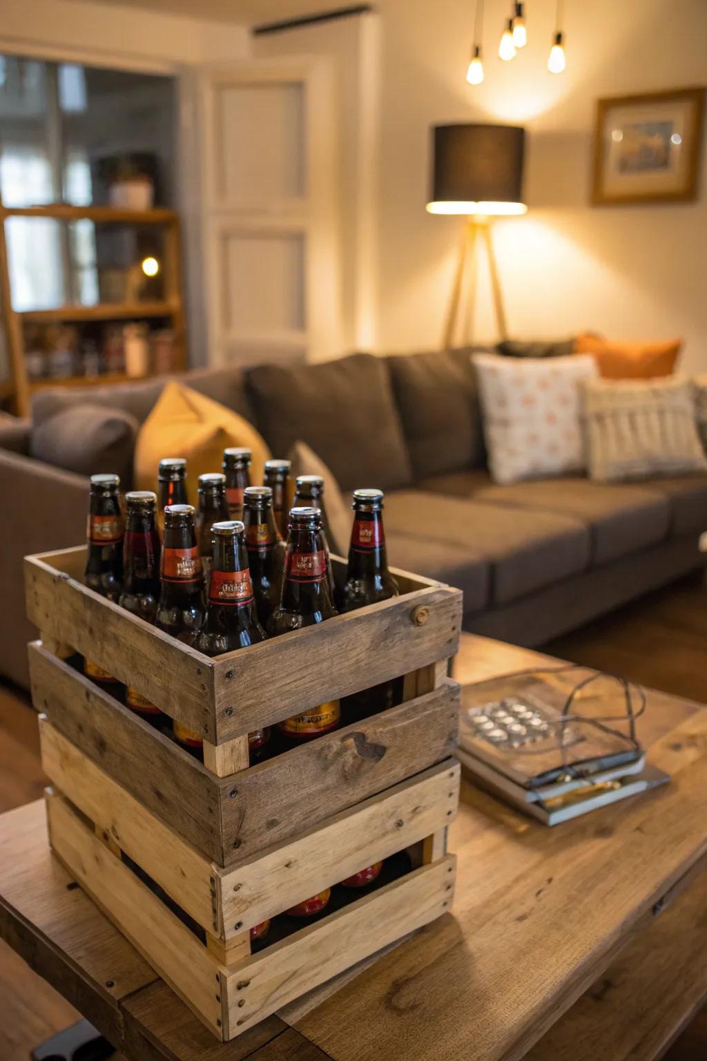 Countryside wooden crates filled with beer bottles in a pleasant living room arrangement.