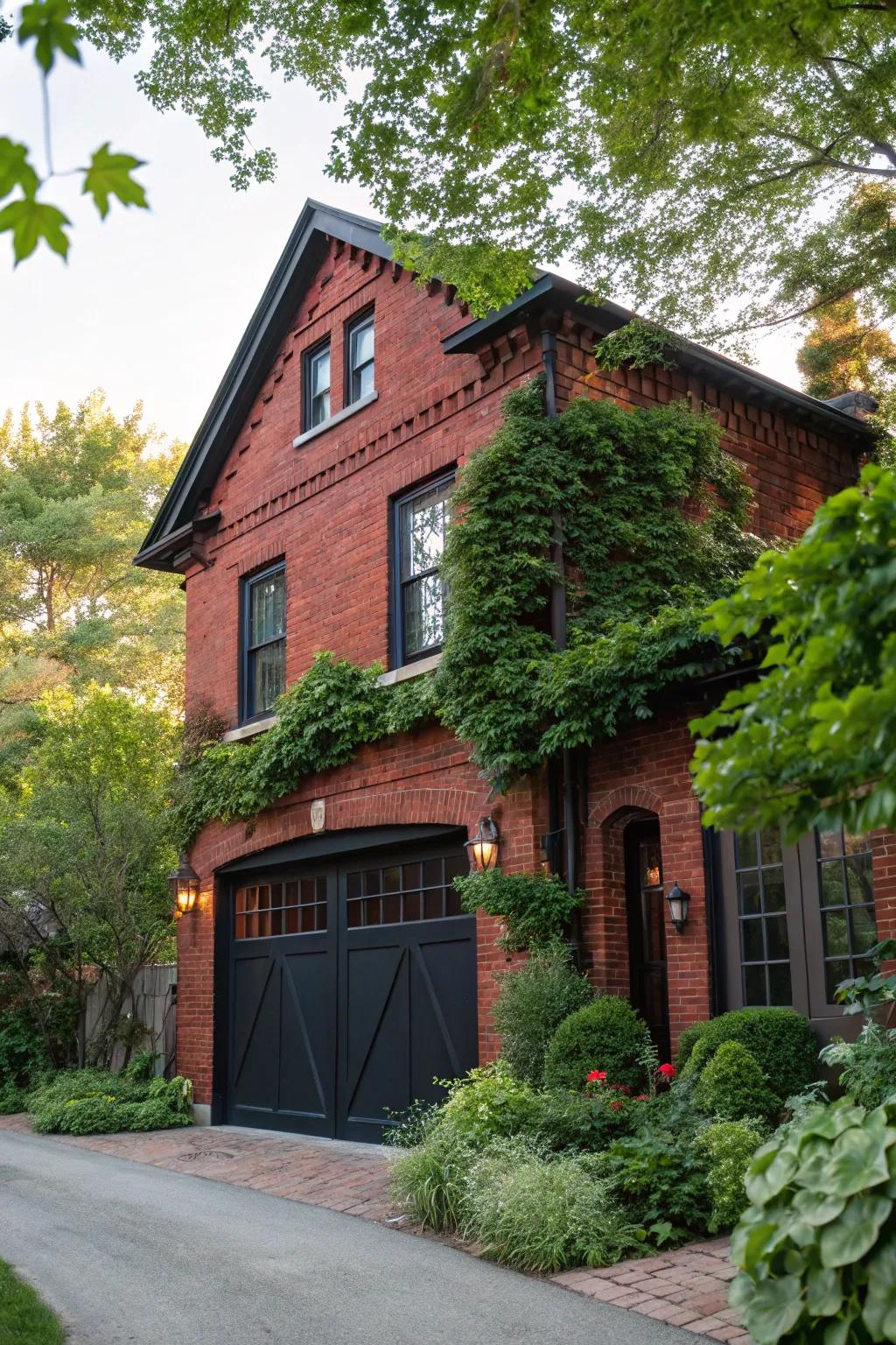 A striking black garage door gives red brick houses a sophisticated touch.