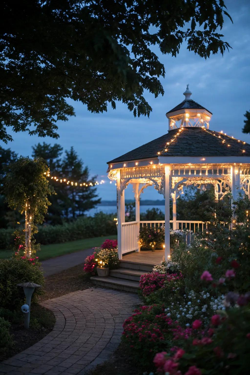 String lights draped across a gazebo create a charming and whimsical atmosphere.