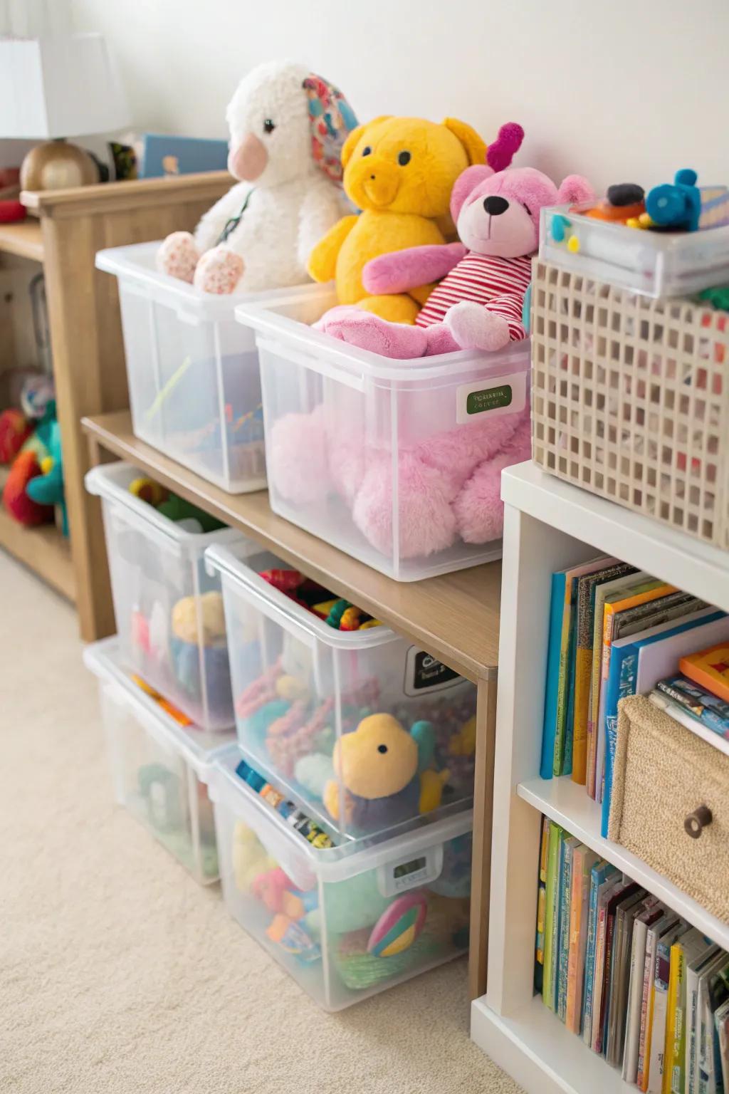 Clear bins enable visibility and organization of stuffed companions.