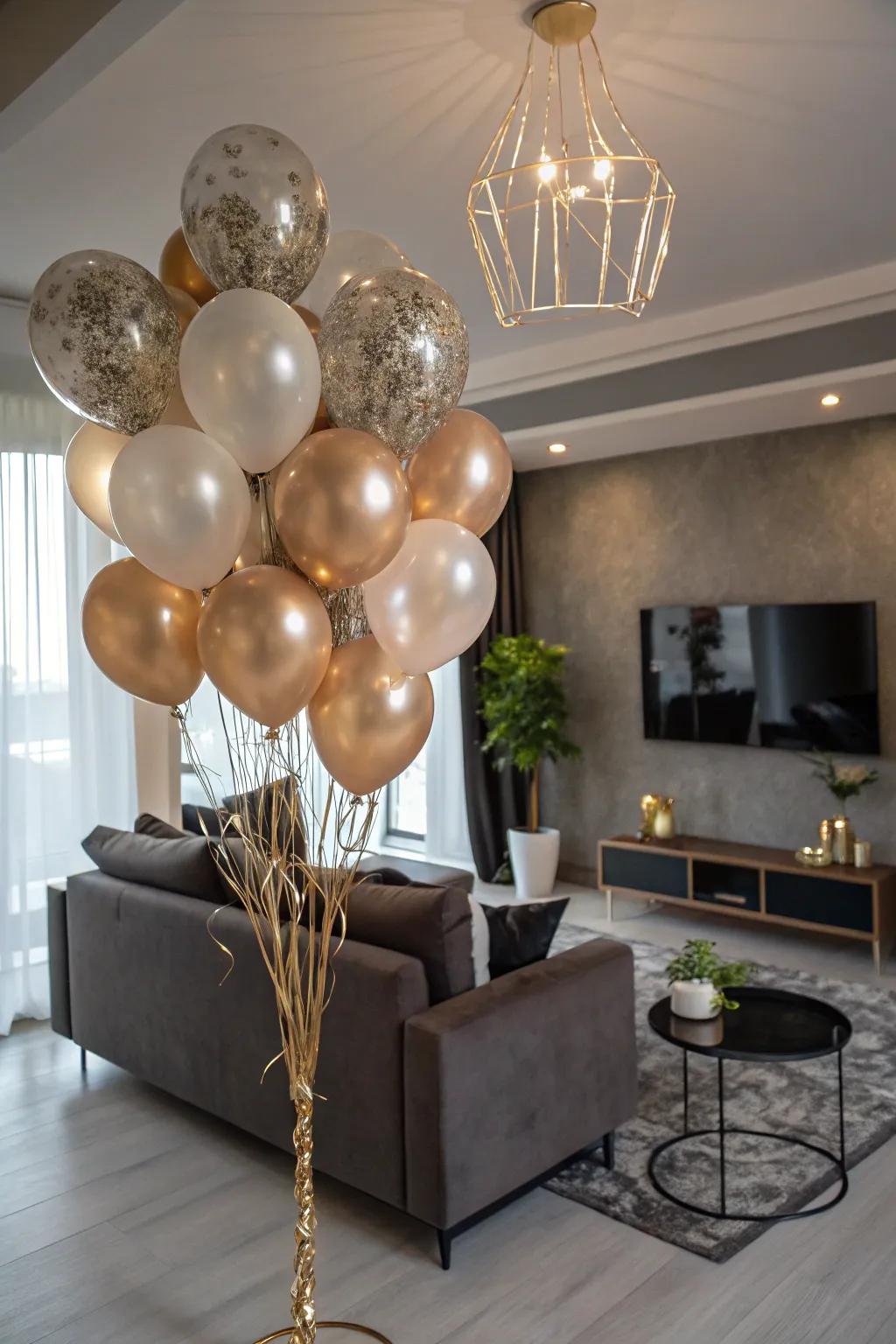 Chic metallic and matte balloon arrangements adding elegance to a birthday celebration.