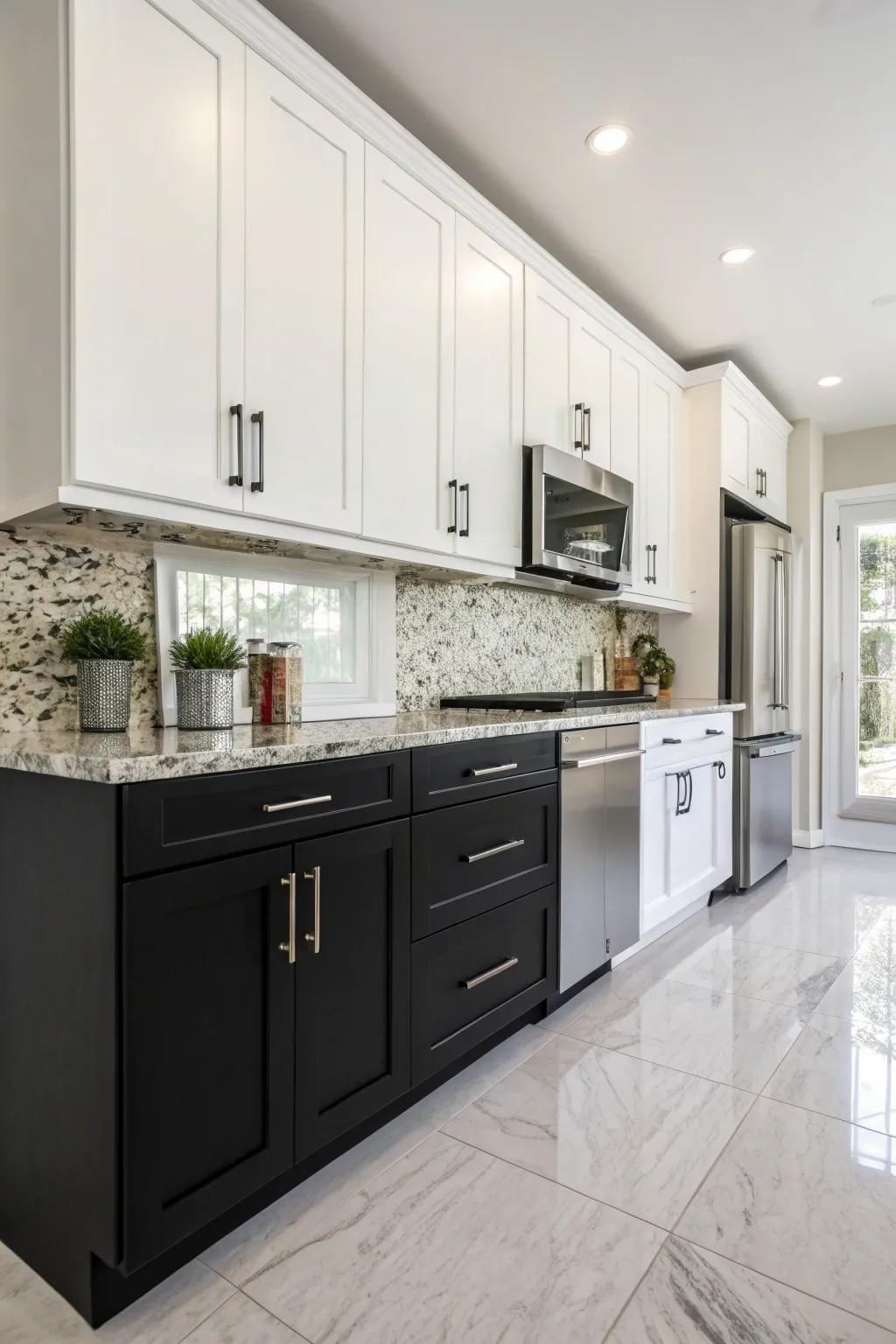 A modern kitchen with bold black lower cabinets and crisp white upper ones.