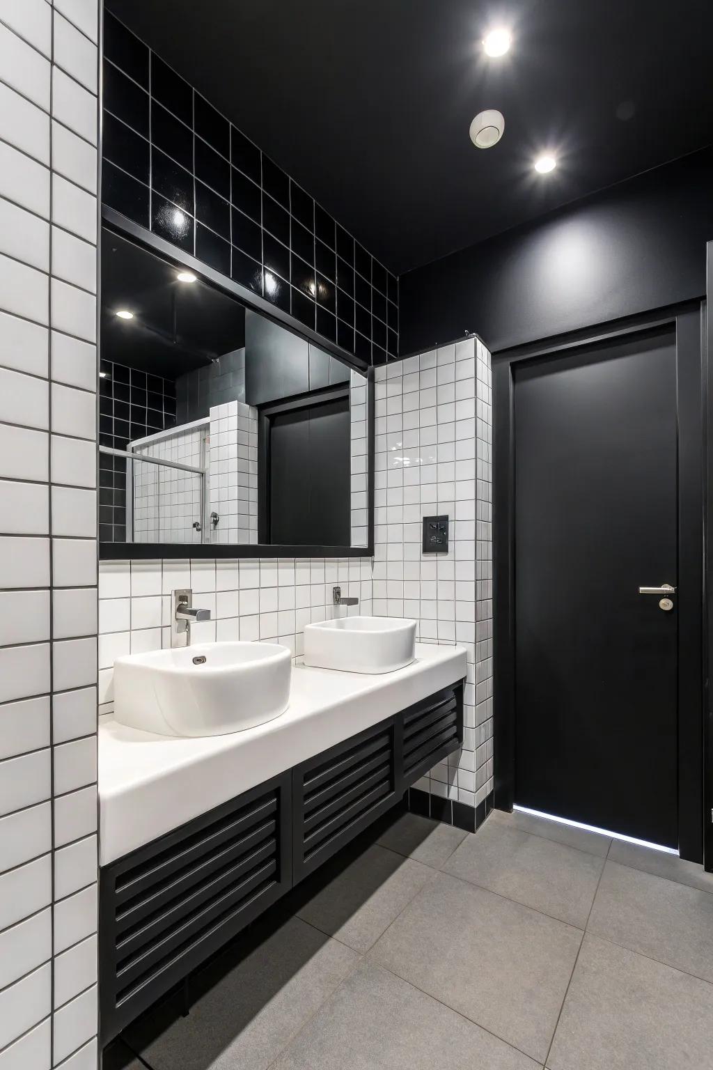 Black and white contrast creates a classic and sophisticated bathroom.