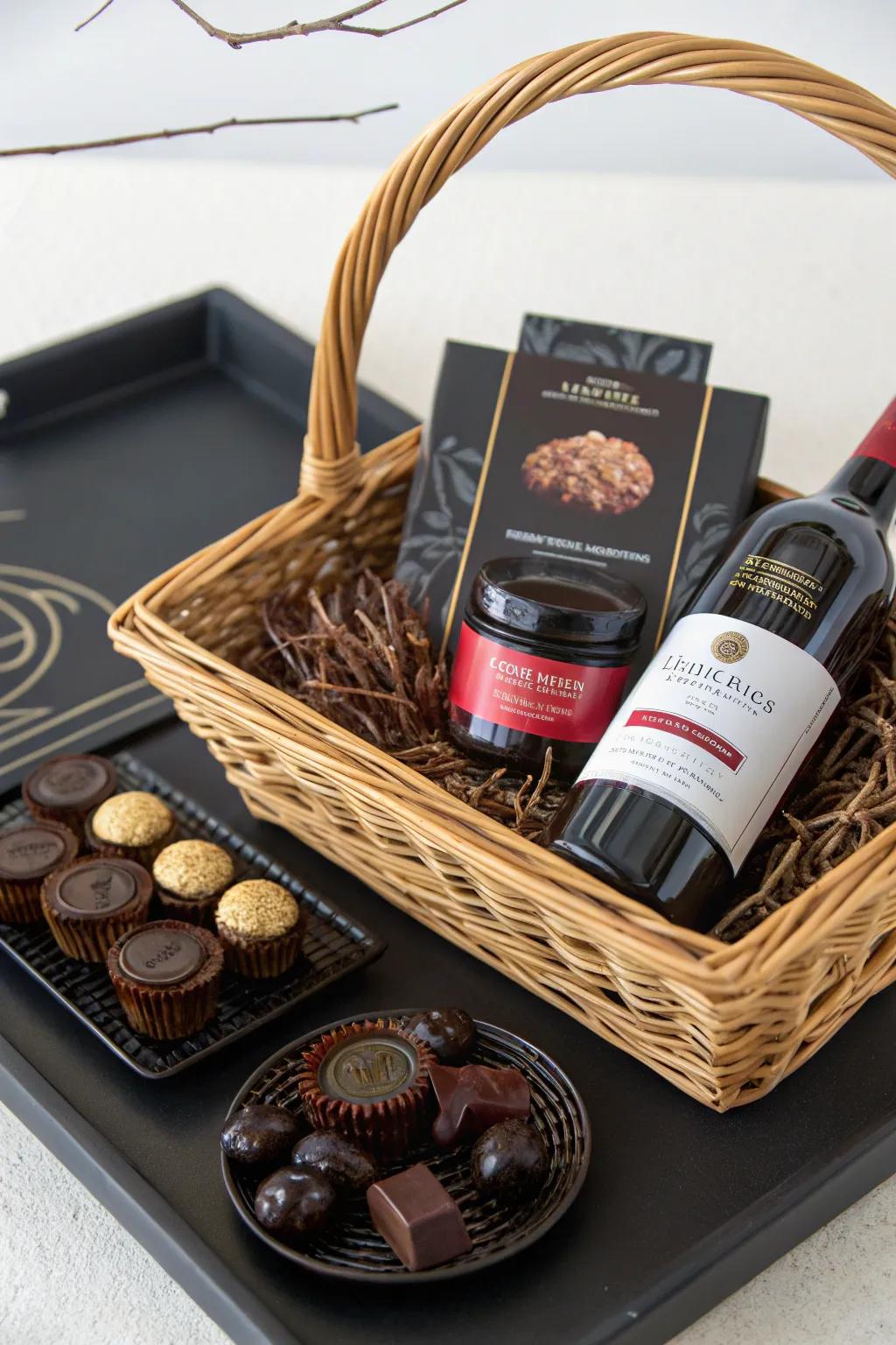 A gourmet black-themed basket with luxurious treats.