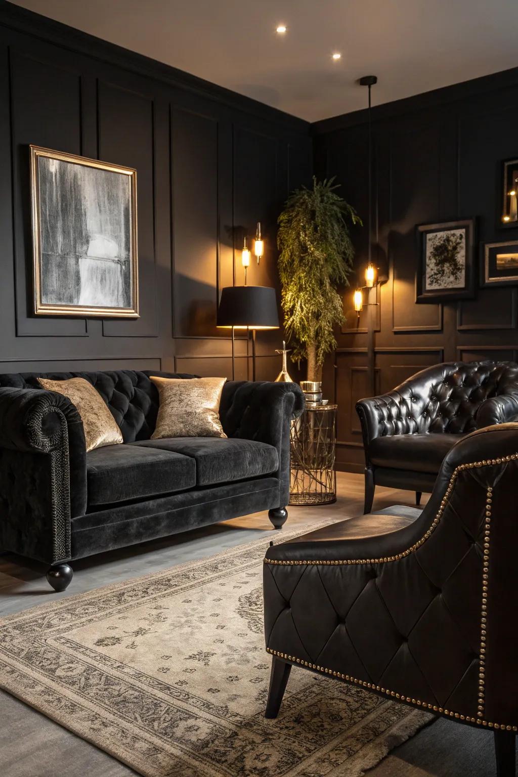 A dark living space featuring velvet and leather textures, creating an atmosphere of luxury.
