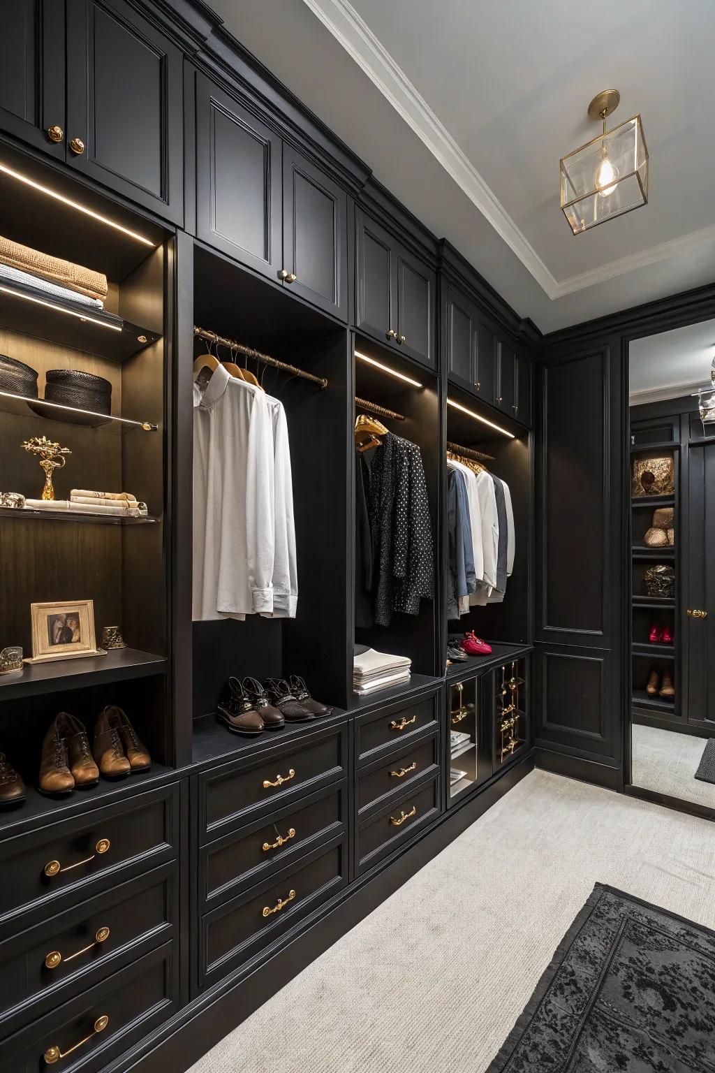 A walk-in closet that uses a dark palette to highlight personal style.