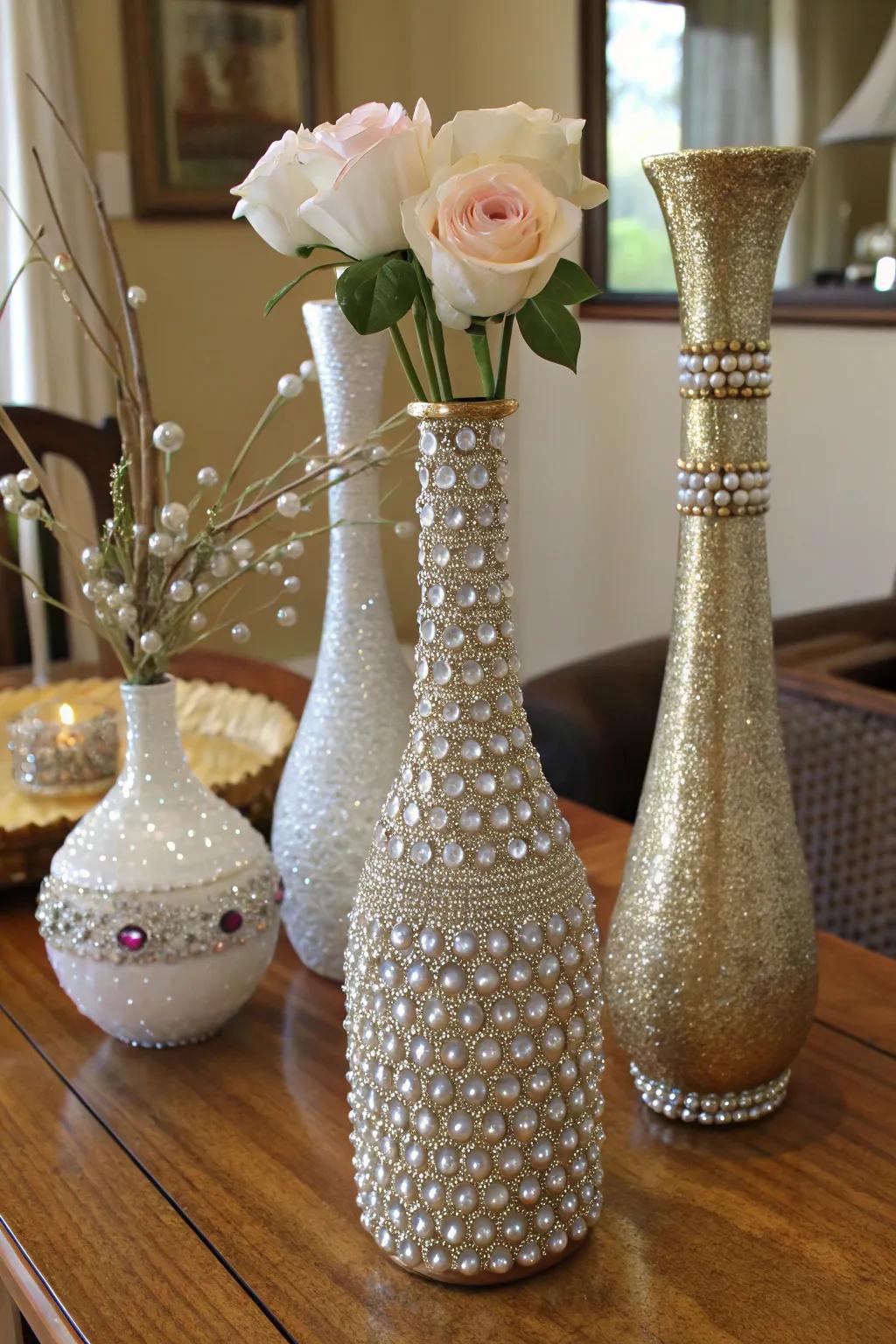 Vases adorned with rhinestones for a glamorous touch.