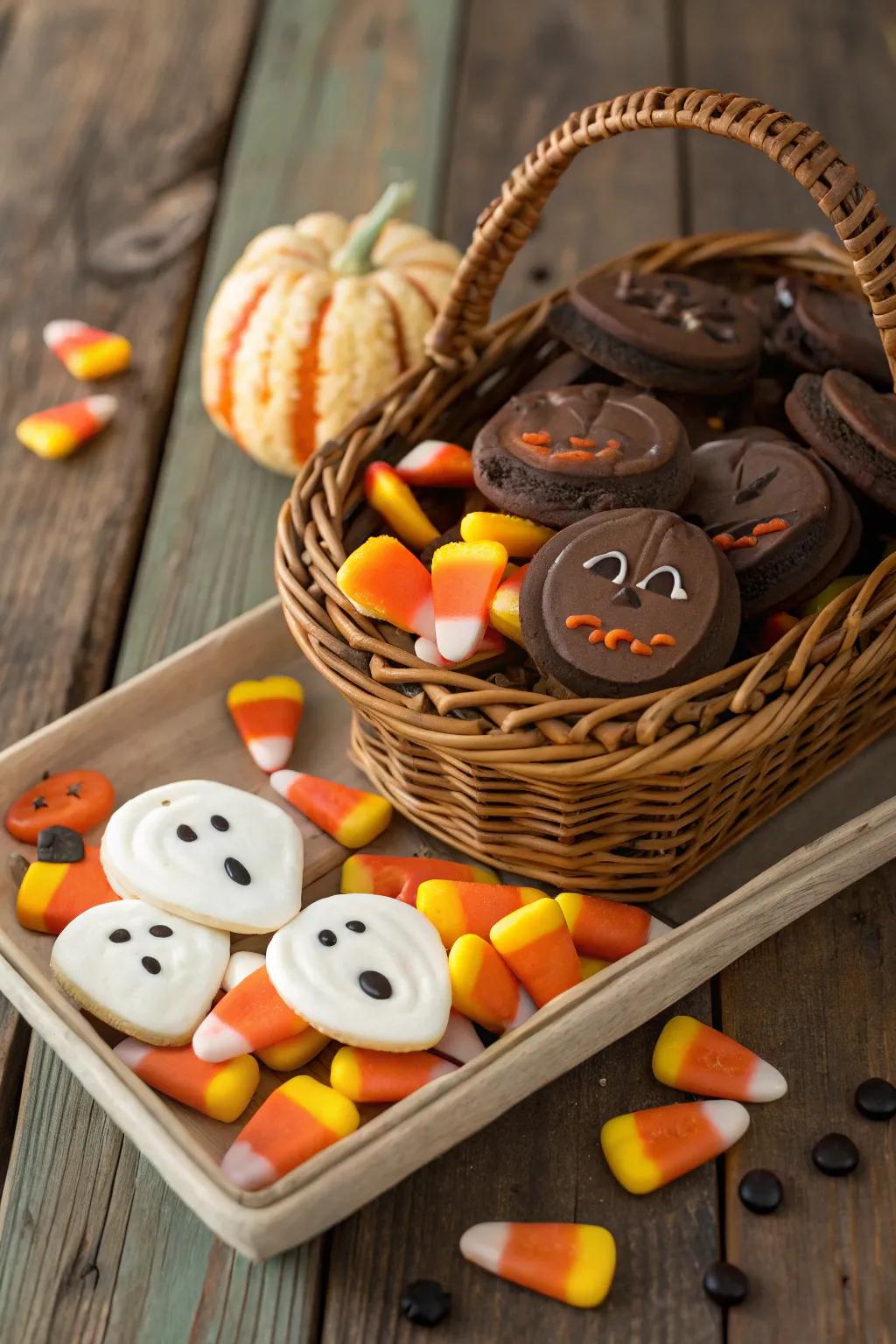 A boo basket filled with delicious spooky snacks.