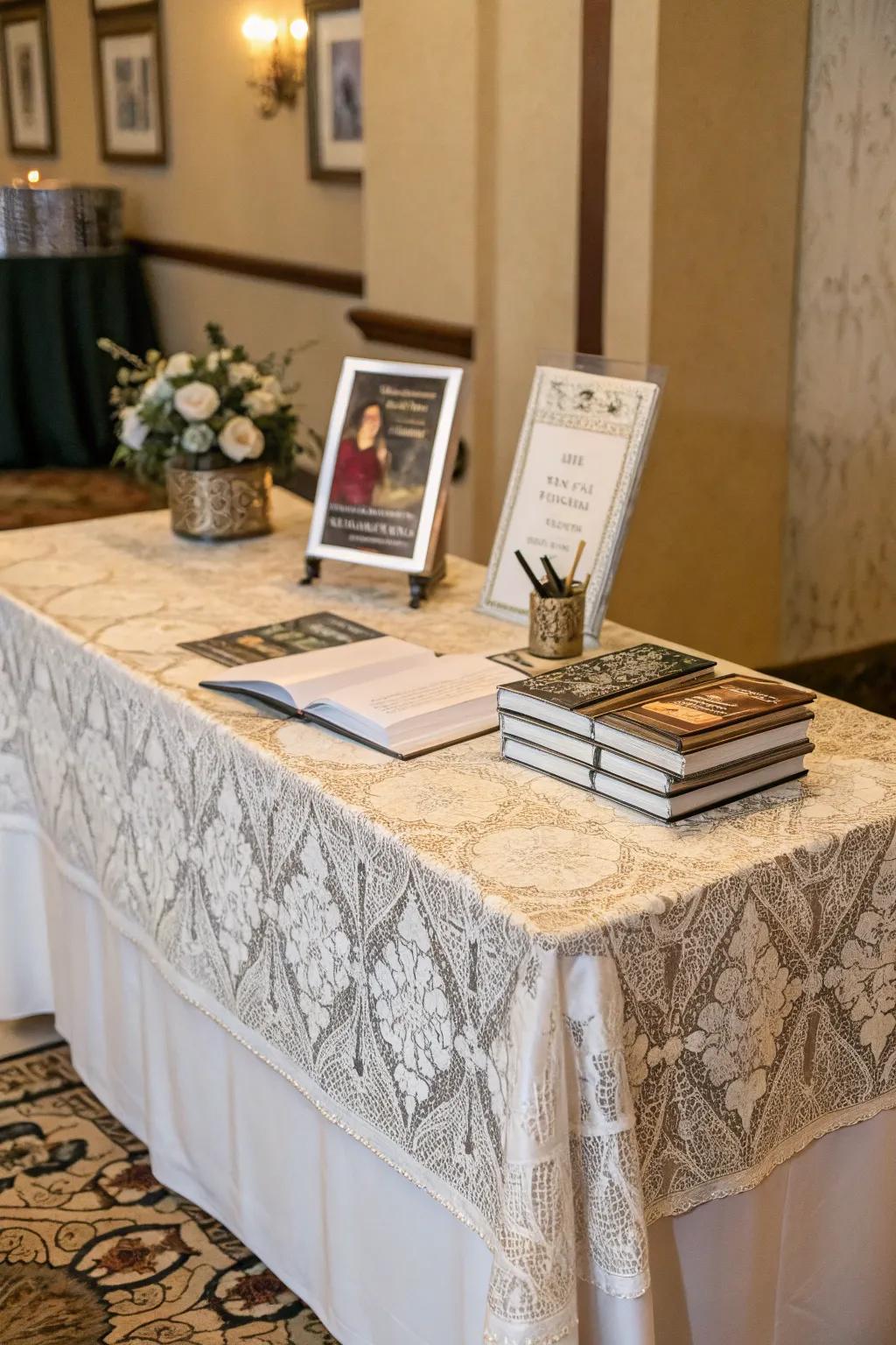 A thematic tablecloth sets the tone for the event.