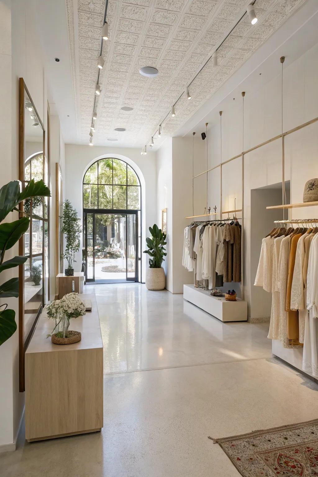 A minimalist boutique space with a contemporary flair, showcasing crisp lines and an airy design.