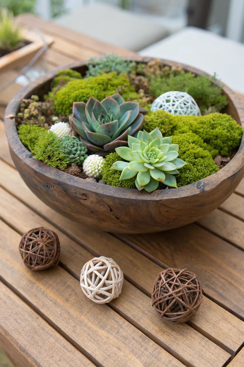 A rustic wooden bowl filled with natural elements like moss and succulents