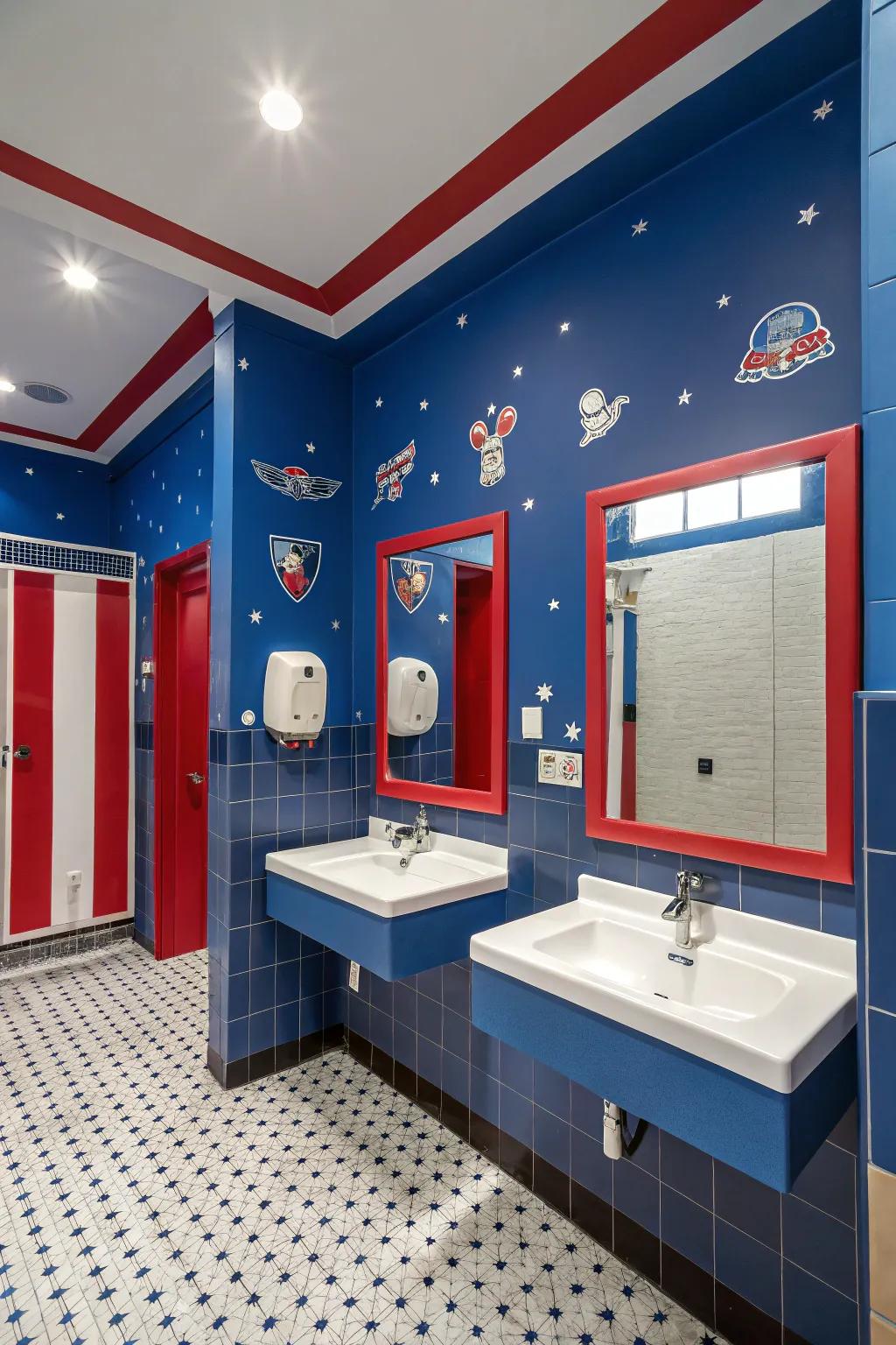 An energetic boys' bathroom with a bold blue and red color scheme.