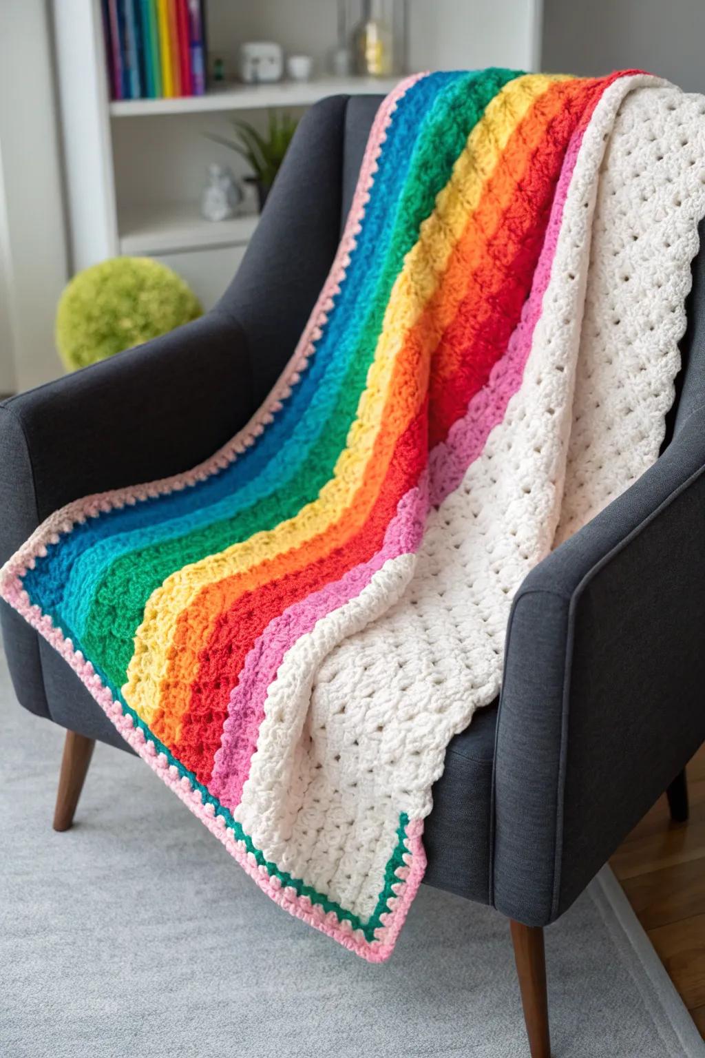 A rainbow border enlivens this C2C blanket.