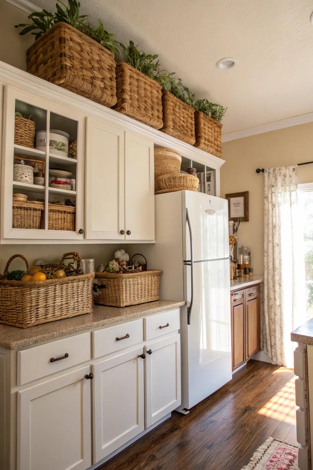 Wicker baskets bring both charm and practicality to the space above the refrigerator.