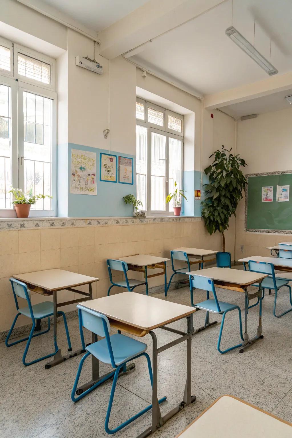 A classroom styled with soft, neutral hues to encourage a sense of peace.