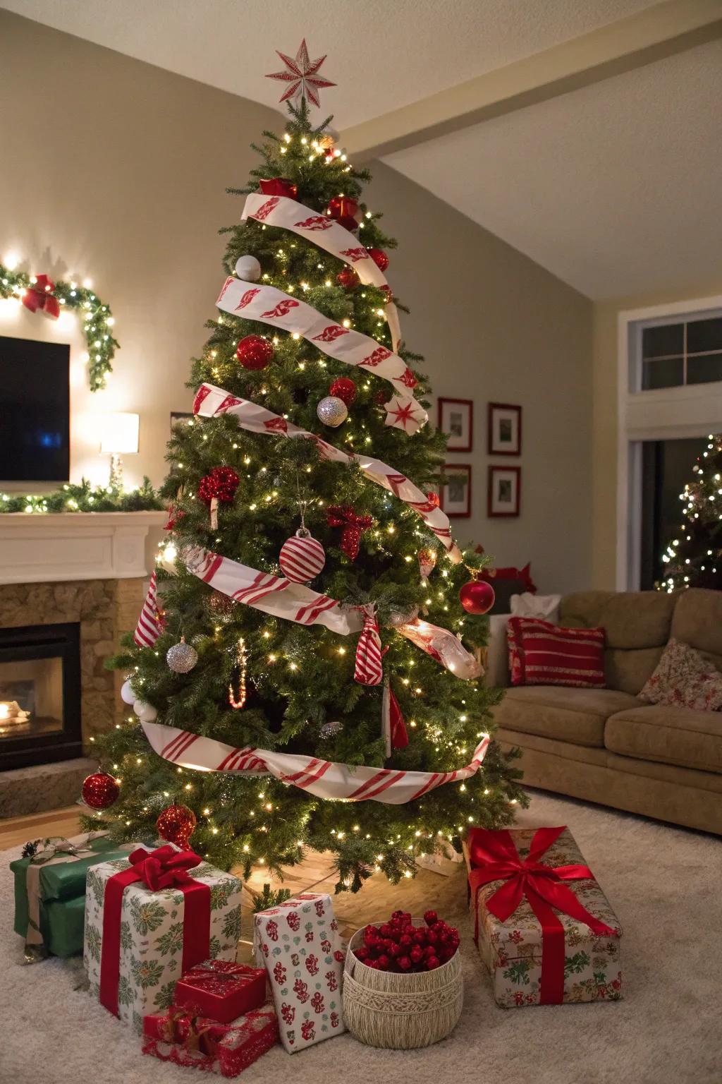 A Christmas tree adorned in classic candy cane colors.