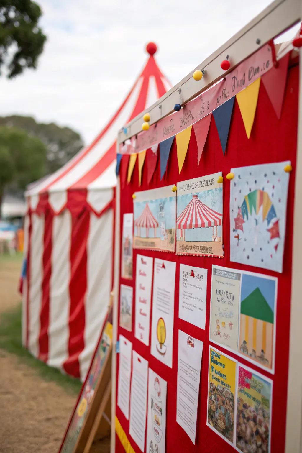 An eye-catching bulletin board with classic circus tents that evoke a sense of wonder.