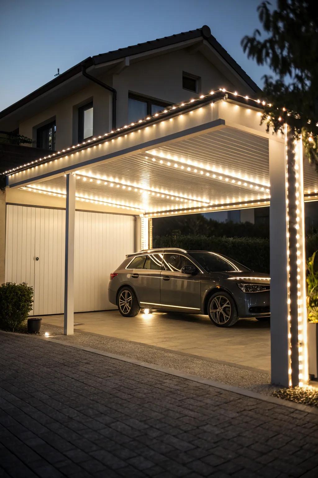 LED strips offer a gentle and inviting glow for your carport.