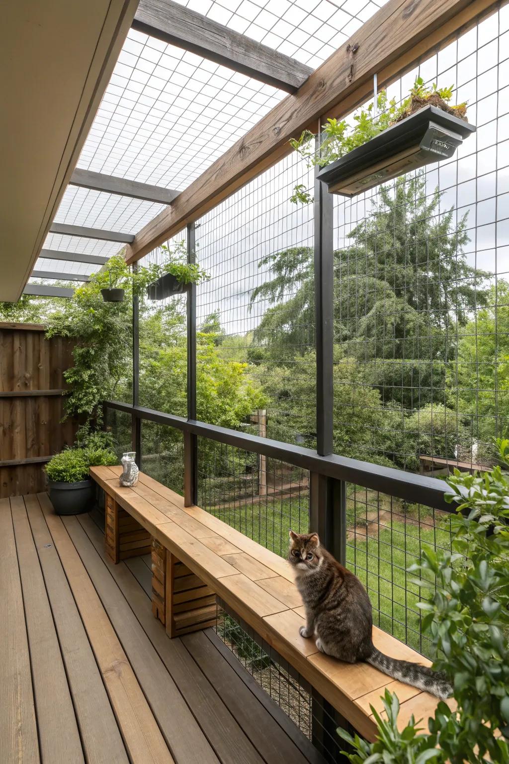 An elevated catio showcasing a scenic view, perfect for peaceful relaxation for both cats and their owners.