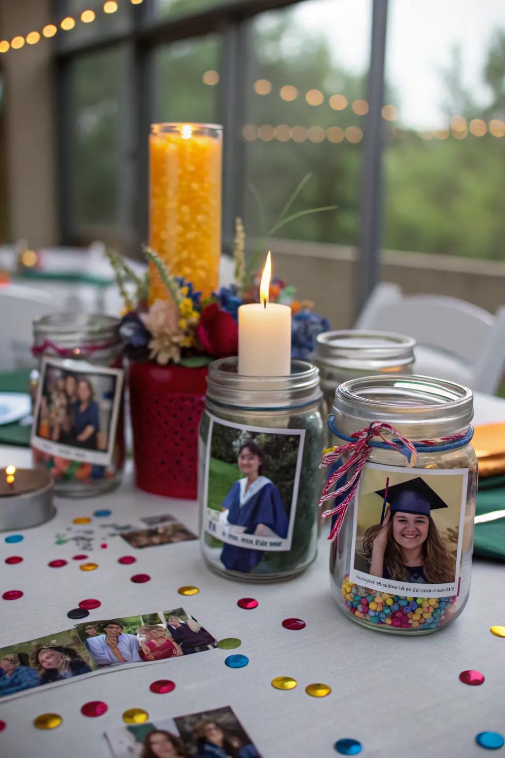 Mason jars filled with cherished memories make for heartfelt centerpieces.